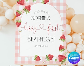 Pink Gingham Berry First Birthday Welcome Sign Template Template:  Strawberry Themed (Canva Editable) SSC_00038
