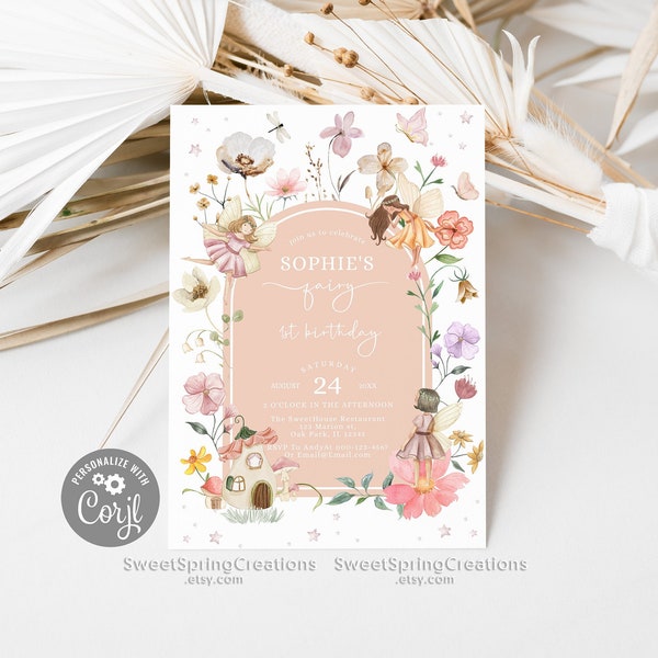 Blush Pink Boho Wildflower Fairy 1st Birthday Invitation Template, Enchanted Fairy First Birthday Garden Party Printable Invite SSC_00030