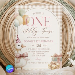 One Silly Goose Birthday Invitation Template, Goose 1st Birthday, Goose Invitation, Gingham 1st Birthday Girl Invite SSC_00135
