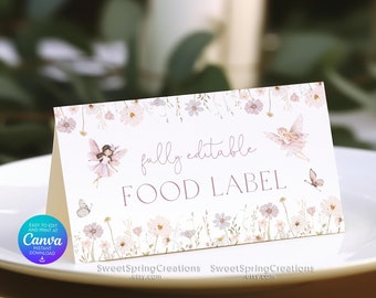 May include: A printable food label template featuring a whimsical fairy and floral design. The label says "fully editable FOOD LABEL" and includes the text "SweetSpringCreations etsy.com".
