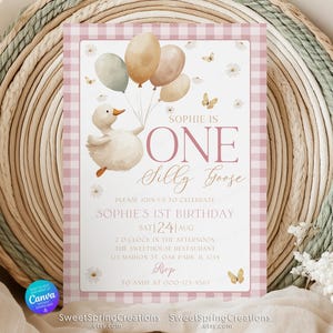 One Silly Goose Birthday Invitation Template, Goose 1st Birthday, Goose Invitation,  Daisy Gingham 1st Birthday Girl Pink Invite SSC_00134