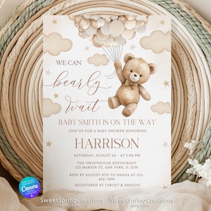 Invito per baby shower We Can Bearly Wait, invito per baby shower We Can Bearly Wait Boho Neutral, palloncini marroni, nuvole, granelli di zucchero SSC_00142