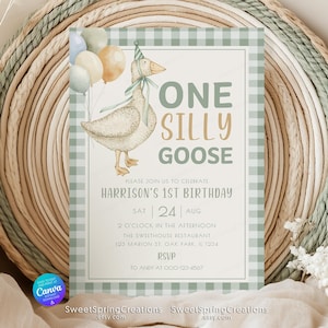 Modello di invito di compleanno modificabile One Silly Goose, 1° compleanno dell'oca, invito dell'oca, invito verde per il 1° compleanno del bambino SSC_00139