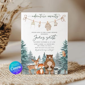 EDITABLE Forest Woodland Animals Adventure Awaits Baby Shower Invitation Template SSC_00204