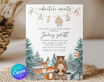 EDITABLE Forest Woodland Animals Adventure Awaits Baby Shower Invitation Template SSC_00204