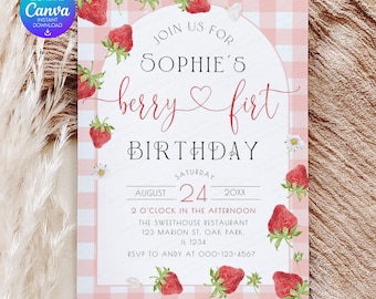 Pink Gingham Berry First Birthday Invitation Template (Canva Editable) SSC_00038
