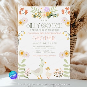 One Silly Goose Birthday Invitation Template, Goose 1st Birthday, Goose Invitation, Floral Geese First Birthday Invite SSC_00136