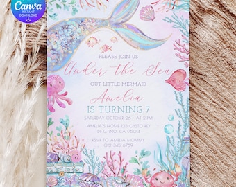 Mermaid Tail Birthday Invitation, Mermaid Under the Sea Birthday Invite, Mermaid Invites, Whimsical Mermaid Birthday Party SSC_00128