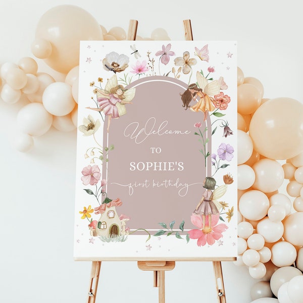 Muted Blush Boho Wildflower Fairy 1st Birthday Welcome Sign Template, Enchanted Fairy First Birthday Garden Party Decor SSC_00030
