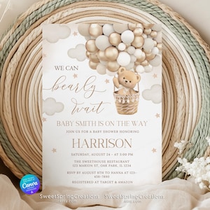 Invito per baby shower We Can Bearly Wait, invito per baby shower We Can Bearly Wait neutro, palloncino marrone nuvole SSC_00144
