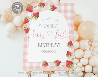 Modèle de panneau de bienvenue pour le premier anniversaire de Berry Gingham rose, panneau de bienvenue pour le 1er anniversaire sur le thème des fraises, panneau d’anniversaire aux fraises #SSC_00038