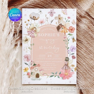 Blush Pink Boho Wildflower Fairy 1st Birthday Invitation Template, Enchanted Fairy First Birthday Garden Party Printable Invite SSC_00030-2