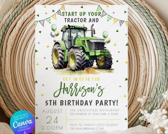 Editable Green Tractor Birthday Invitation Template: Farm Vehicles Theme Party SSC_00129