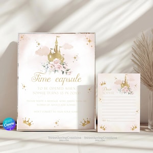 Modèle modifiable de carte et de plaque capsulaire pour le 1er anniversaire de princesse, Cartes et plaque temporelle pour premier anniversaire « Il était une fois » SSC_00070