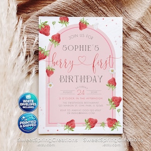 PRINTED + SHIPPED Pink Gingham Strawberry Berry First Birthday Invitation SSC_00039