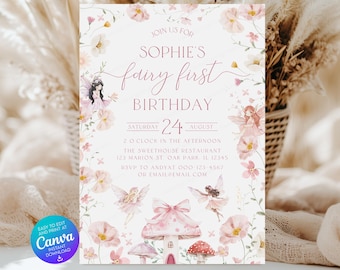 Plantilla editable de invitación de primer cumpleaños con temática de hadas y fiesta en el jardín encantado SSC_00053