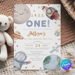 Modèle d'invitation d'anniversaire pour le premier voyage autour du soleil : astronaute de l'espace (modifiable sur toile) SSC_00064