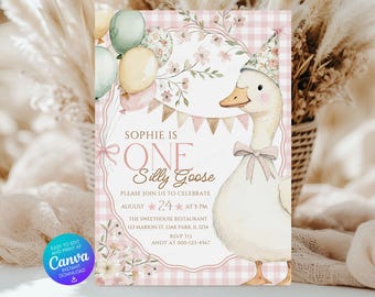 Editable Pink Gingham Silly Goose 1st Birthday Invitation Template SSC_00227