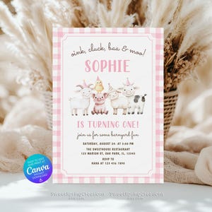 Editable Oink Cluck Baa Moo Barnyard Farm Animals 1st Birthday Invitation Template SSC_00210
