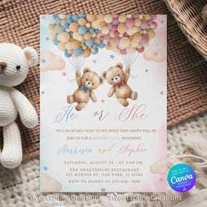 Gender Revel He Or She Teddy Bears Baby Shower Invitation, invito per festa di compleanno per neonato o bambina, orso rosa blu con palloncini SSC_00150