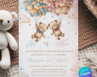 Gender Revel He Or She Teddy Bears Baby Shower Invitation, Baby Boy Or Girl Party Invite, Pink Blue Bear with Balloons SSC_00150