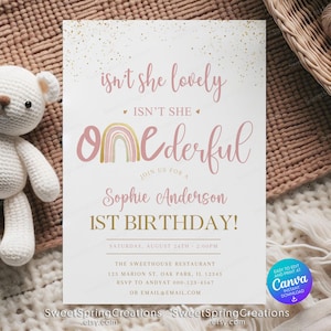Isn&#39;t She ONEderful Boho Rainbow First Birthday Invitation Template, Modern Rainbow First Birthday Invitation,  ONEderful Invite #SSC_00021