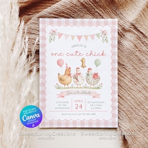 Une invitation d'anniversaire de poussin mignon, invitation de thème de poulet, petite fête de basse-cour de ferme, premier 1er anniversaire de petite fille SSC-89