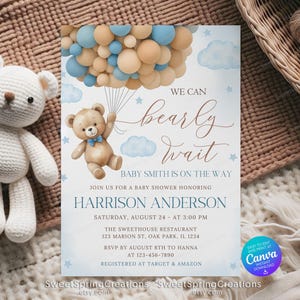 Modello di invito per baby shower "We Can Bearly Wait", invito per baby shower "We Can Bearly Wait", orsacchiotto blu, baby shower con orsacchiotto SSC_00143