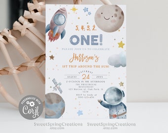 First Trip Around the Sun Birthday Party Invitation Template, Space Invitation Boy, 1st Birthday Party Invite, Astronaut Invite #SSC_00037