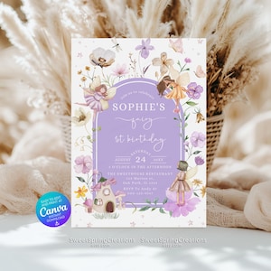 Editable Enchanted, Garden Party, Lavender Boho Wildflower Fairy 1st Birthday Invitation Template SSC_00030-1