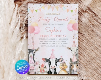 EDITABLE Pink Barnyard Party Farm Animals Birthday Invitation SSC_00157