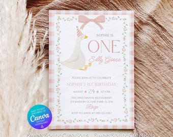 Bewerkbare sjabloon voor elegante bloemenstrik roze gingang One Silly Goose eerste verjaardagsuitnodiging SSC_00226