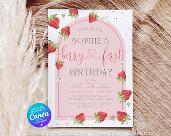 EDITABLE Pink Gingham Strawberry Berry First Birthday Invitation Template SSC_00039