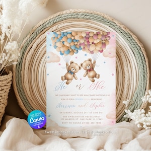Editable Teddy Bear Gender Reveal Invitation: Pink & Blue Balloons Template SSC_00150
