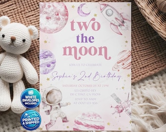 PRINTED + SHIPPED Pastel Outer Space Party Two the Moon Girl's Space Birthday Invitation SSC_00118