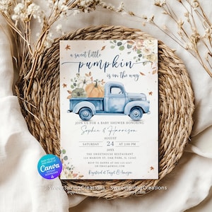 EDITABLE Little Pumpkin Baby Shower Invitation Template: Autumn, Blue Truck, Fall Theme SSC_00042