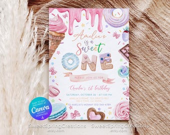 EDITABLE  Sweet One 1st Birthday Invitation Template: Pastel Sweets Candy, Cupcake Donut SSC_00071