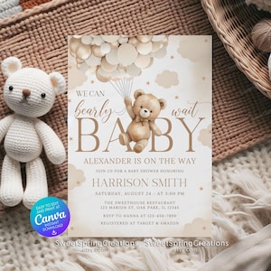 Editable We Can Bearly Wait Baby Shower InvitationTemplate: Teddy Bear, Gender Neutral SSC_00146
