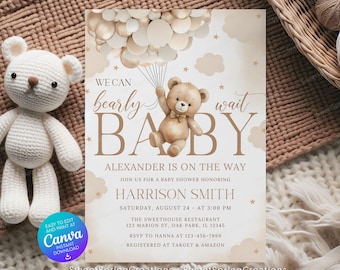Editable We Can Bearly Wait Baby Shower InvitationTemplate: Teddy Bear, Gender Neutral SSC_00146