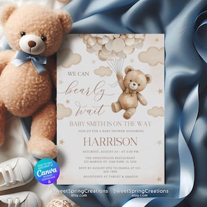 Edytowalny neutralny szablon zaproszenia na baby shower w stylu boho z balonowymi chmurkami i misiem SSC_00142
