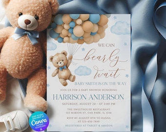 Editable Teddy Bear Baby Shower Invitation Template: Blue Balloons SSC_00143