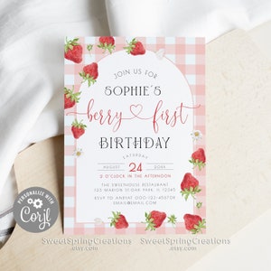 Pink Gingham Berry First Birthday Invitation Template, Berry First Birthday Invitation, Berry First Birthday Invitation Digital #SSC_00038