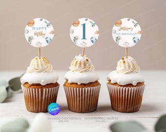 Topo de cupcake "A Primeira Volta ao Sol": Aniversário de Astronauta (Modelo Canva)