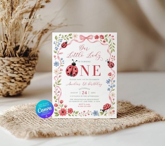 Our Little Ladybug 1st Birthday Girl Invitation Template, Rustic Summer Wildflowers & Bows Little Lady Bug ONE Birthday Party Invite SSC-83