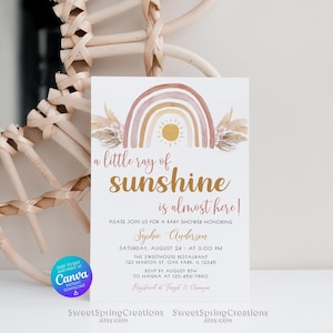 Editable A Little Ray of Sunshine Boho Rainbow Baby Shower Invitation Template, pampas grass SSC_00019 image 5