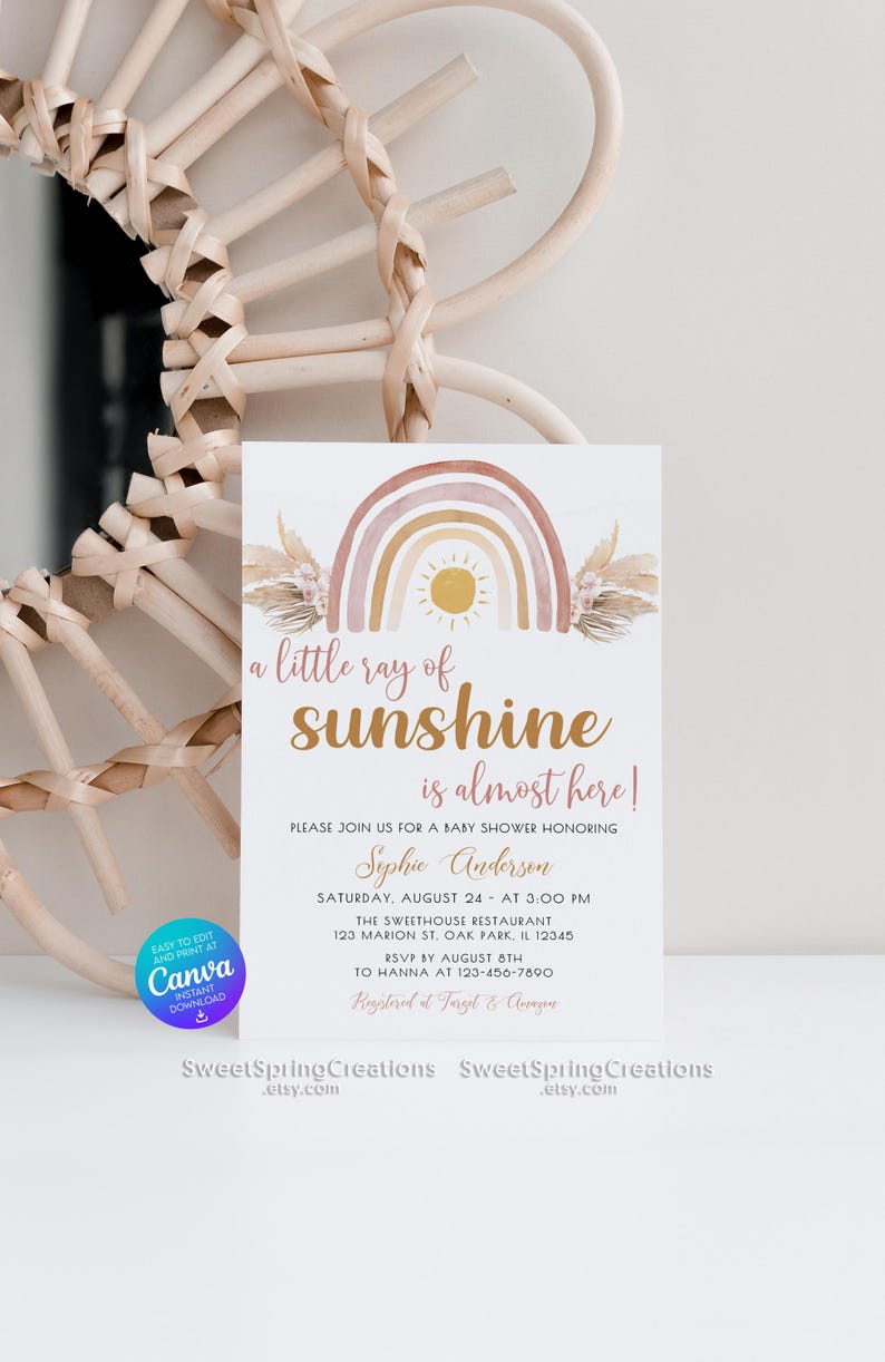 Editable A Little Ray of Sunshine Boho Rainbow Baby Shower Invitation Template, pampas grass SSC_00019 image 5