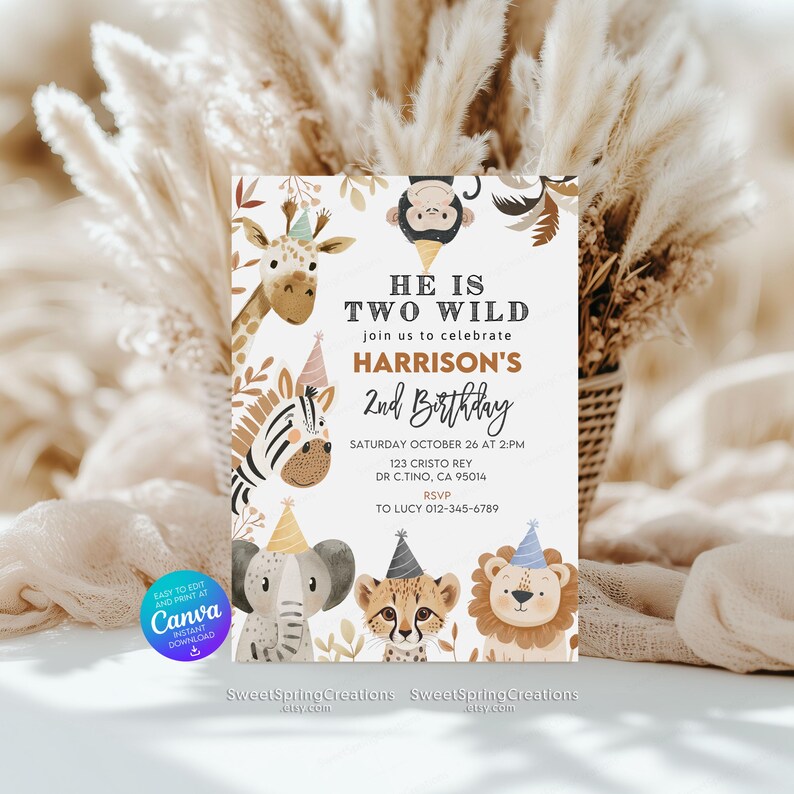 Editable Jungle Animals Two Wild Party Boho Safari 2nd Birthday Invitation Template SSC_00122 image 4