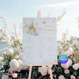 Pu&ograve; includere: Un cartello stampabile bianco e dorato con un'illustrazione di un castello e il testo "SOPHIES First Birthday". Il cartello elenca le tappe importanti di un primo compleanno, come "Adoro", "Posso dire", "Posso mangiare", "Peso", "Ho", "Posso cantare".