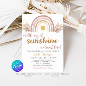 Editable A Little Ray of Sunshine Boho Rainbow Baby Shower Invitation Template, pampas grass SSC_00019 image 10