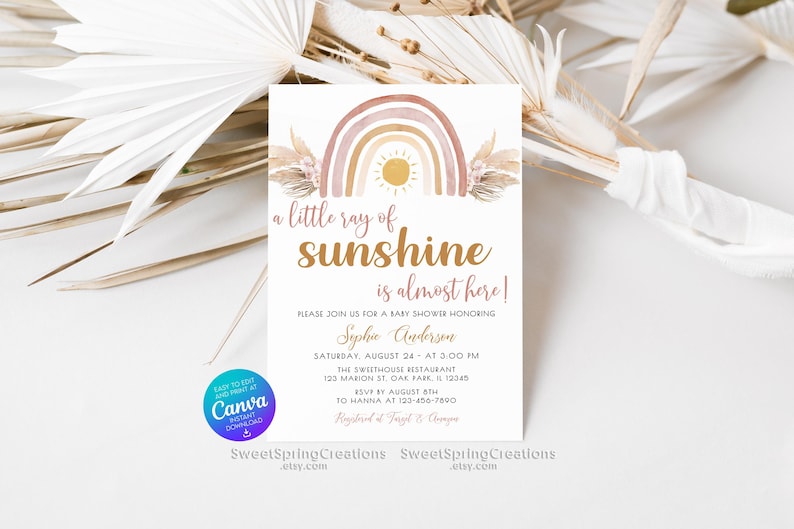 Editable A Little Ray of Sunshine Boho Rainbow Baby Shower Invitation Template, pampas grass SSC_00019 image 10